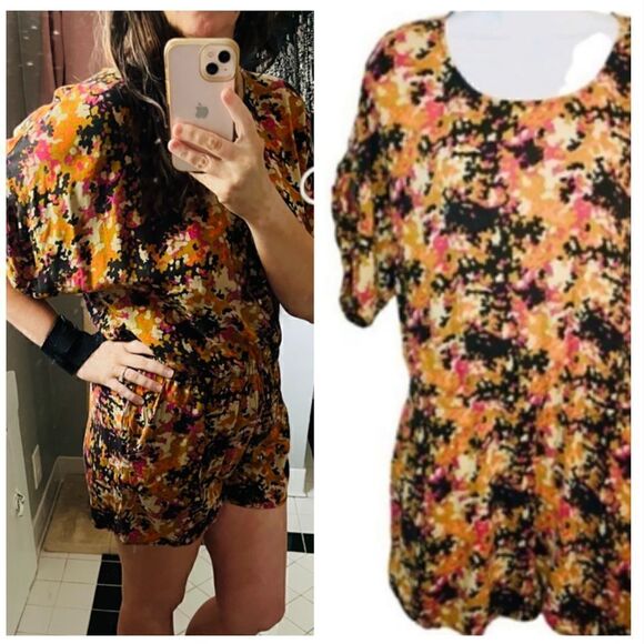 Fossil Abstract Colorful Romper Shorts Orange Tan Pink S - Picture 1 of 11